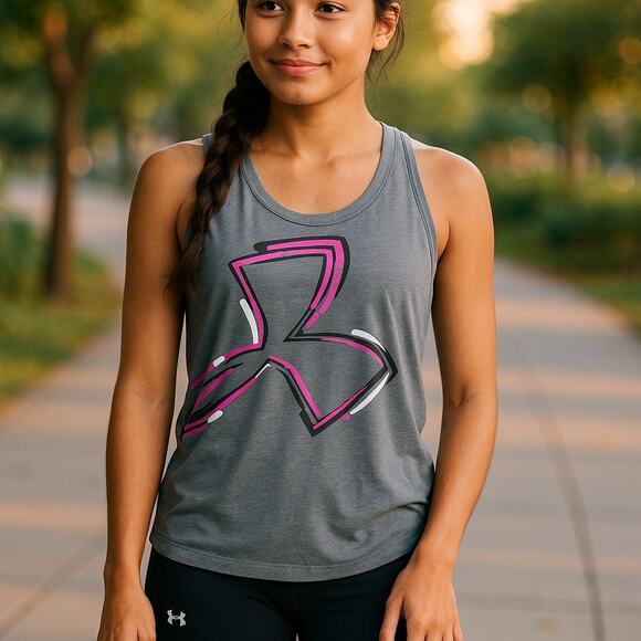 Under Armour Girls Tank Top Sz M Gray Big Logo Loose Fit Heat Gear Slub Knit - Picture 3 of 6